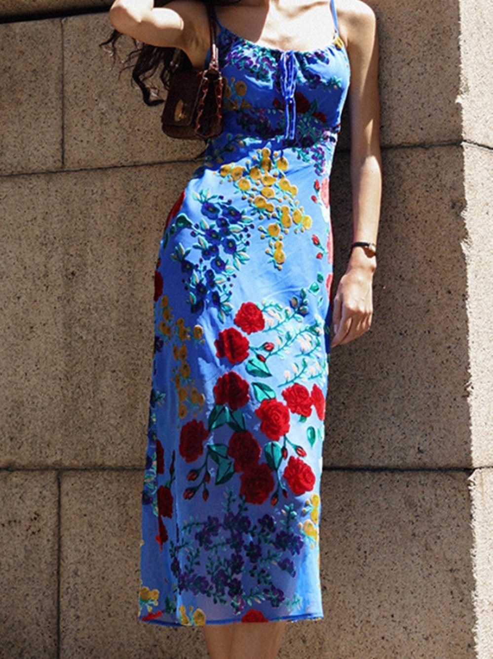 Commense Blue Floral Tie-Front Midi Dress